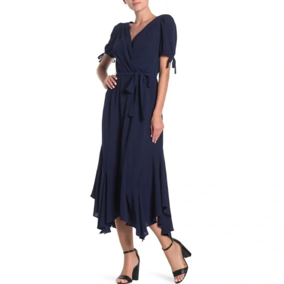 Maggy London | Dresses | Nwt Maggy London Puffsleeve Asymmetric Wrap Dress  | Poshmark